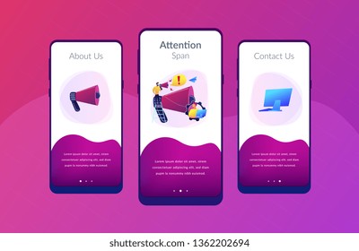 Businessman talk in megaphone with exclamation point. Draw attention, attention span and take note, requiring attention concept on white background. Mobile UI UX GUI template, app interface wireframe