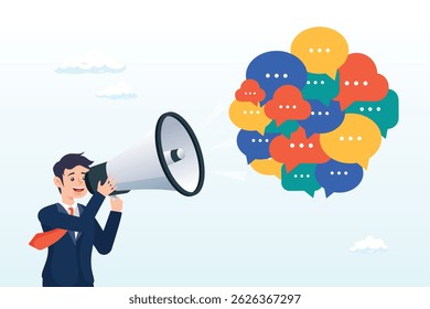 Businessman talk on megaphone with speech bubble voice message, speak out, voice or message to communicate, dialogue or debate conversation, talk or shout message, advice or announcement concept