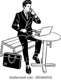 Businessman talk on phone with Notebook on table People City lifestyle Hand drawn line art Illustration