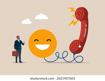 Businessman talk in phone call. Giving positive feedback from customer feedback reviews. Support, customer service, help, communication concept. Flat vector illustration.