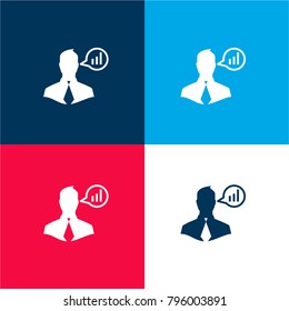 Businessman talking about data analysis four color material and minimal icon logo set in red and blue