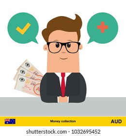 Businessman talking about money. Australian dollar banknote vector illustration.