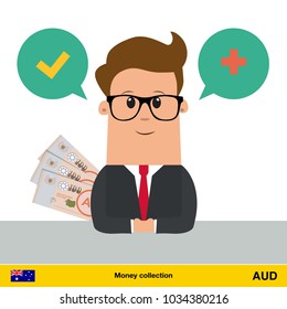 Businessman talking about money.  Australian dollar banknote vector illustration.