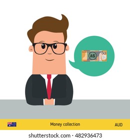 Businessman talking about money. Australian Dollar banknote vector illustration.