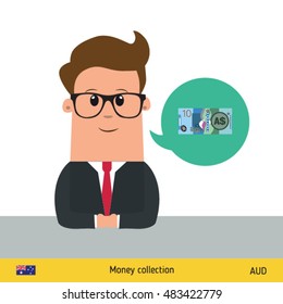 Businessman talking about money. Australian Dollar banknote vector illustration.