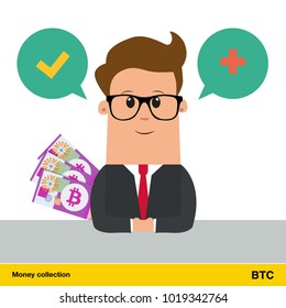 Businessman talking about money. Bitcoin banknote vector illustration.