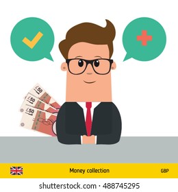 Businessman talking about money. British Pound banknote vector illustration.
