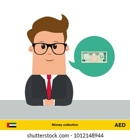 Businessman talking about money. Dirham banknote vector illustration.