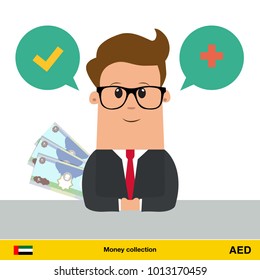 Businessman talking about money. Dirham banknote vector illustration.