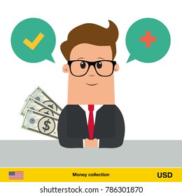 Businessman talking about money. Dollar banknote vector illustration.
