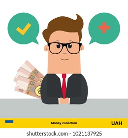 Businessman talking about money.  hryvnia banknote vector illustration.