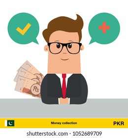 Businessman talking about money. Pakistan rupee banknote vector illustration.