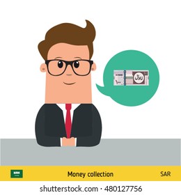 Businessman talking about money. Saudi Arabian Riyal banknote vector illustration.