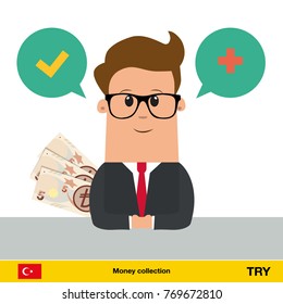 Businessman talking about money. turkey lira banknote vector illustration.
