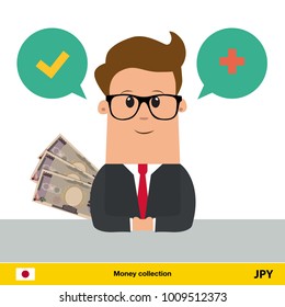 Businessman talking about money. Yen banknote vector illustration.