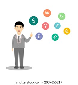 Businessman talking about news of currency. money exchange, currency exchange rate concept