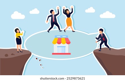 A businessman talking about a store on the edge of a cliff while another businessman climbs his dialogue, illustrating survival from unemployment by becoming an entrepreneur and launching marketplace