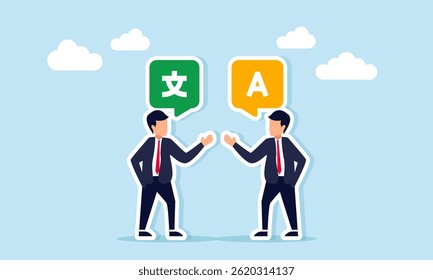 Businessman talking to another businessman, showing chat dialog with alphabet and Mandarin symbols, illustration of cultural acculturation or globalization in language