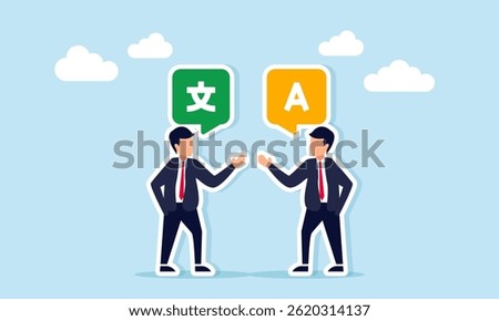 Businessman talking to another businessman, showing chat dialog with alphabet and Mandarin symbols, illustration of cultural acculturation or globalization in language