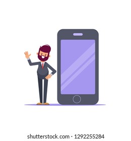 Businessman talking beside big smart phone with blank screen. Flat vector illustration. - Vector