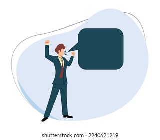 empresario hablando con burbuja de voz en blanco. ilustración de una persona que expresa una opinión. ilustración vectorial de caricatura de hombre en protesta