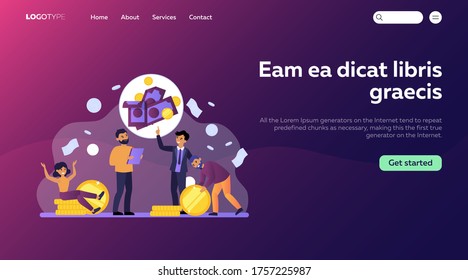 Businessman talking to clients about investment and savings. Men and woman counting income in bank flat vector illustration. Banking concept for banner, website design or landing web page