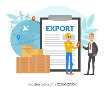 Businessman Talking to Courier Dealing with Global Goods Export Vector Illustration