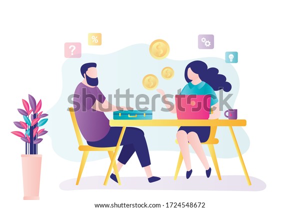 Businessman talking with female financial consultant.\
Investment planning, banking. Financial advisor, tax specialist.\
Business consulting, analytics. Growth profits and savings. Vector\
illustration 