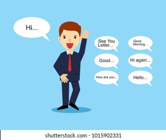 Businessman talking greeting. text greeting on chat talk bubble. Business communication concept
