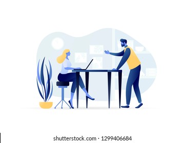 Businessman Talking to His Colleague in the office. Team Work on the Project, Brainstorming, Assistant at work. Promotion in the Network. Manager for Remote Work. Vector Flat Concept Illustration 