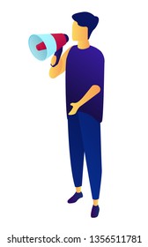 Businessman talking into megaphone, tiny people isometric 3D illustration. Promotion and advertising, broadcast and attention, marketing and speaker concept. Isolated on white background.