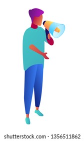 Empresario hablando de megáfono, gente pequeña es ilustración 3D isométrica. Promoción y publicidad, anuncio y atención, marketing y concepto de liderazgo. Aislado sobre fondo blanco.