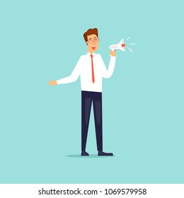 Businessman talking in loudspeaker. Flat design vector illustration.