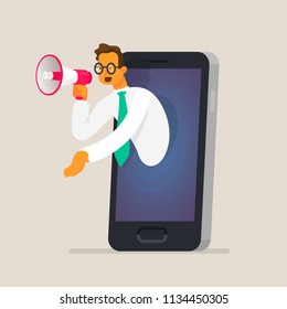 Businessman talking in a megaphone through the phone screen. The concept of digital marketing, advertising, selling goods and services over the Internet. Vector illustration in a flat style Businessman talking in a megaphone through the phone screen. The concept of digital marketing, advertising, selling goods and services over the Internet. Vector illustration in a flat style