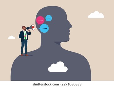 Businessman talking message into loudspeaker. Girl with megaphone attracting attention. Modern vector illustration in flat style