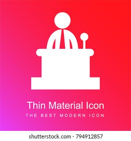 Businessman talking with a mic behind a table red and pink gradient material white icon minimal design