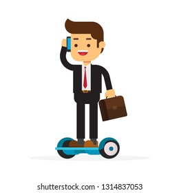 Businessman talking with mobile phone on hoverboarding