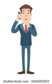 Businessman talking on mobile phone and standing with his finger to his lips. Full length portrait of Cartoon Businessman Character. Vector illustration in a flat style.