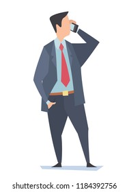 Businessman talking on mobile phone. Vector illustration of a standing man with a smartphone in his hand.