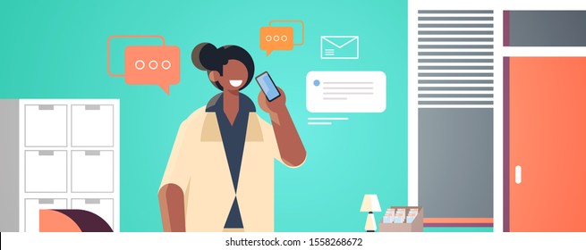 businessman talking on mobile phone african american business man chat bubble speech communication concept modern office interior flat portrait horizontal vector illustration