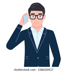 Businessman talking on mobile phone. Office employee communicating through smartphone. Manager male personage in glasses. Isolated vector illustration in cartoon flat style.