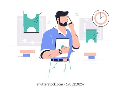 Businessman talking on mobile phone and discuss working moment vector illustration. Modern technologies flat style. Business and time management concept. Isolated on white background