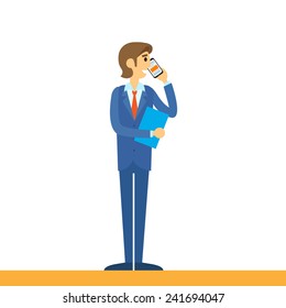 businessman talking on mobile phone call, using cellphone, business man flat design vector illustration