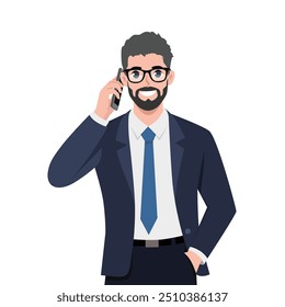 Hombre de negocios hablando por teléfono móvil. Ilustración vectorial plana aislada sobre fondo blanco