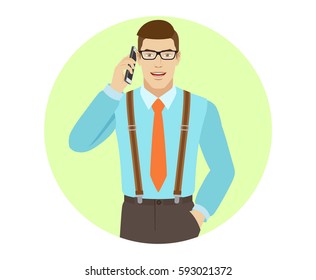 Businessman talking on the mobile phone. A man wearing a tie and suspenders. Portrait of businessman in a flat style. Vector illustration.