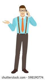 Businessman talking on the mobile phone and shows something beside of him. A man wearing a tie and suspenders. Full length portrait of businessman in a flat style. Vector illustration.