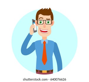 Businessman talking on mobile phone. Portrait of Cartoon Businessman Character. Vector illustration in a flat style.