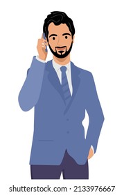Businessman talking on phone, flat character design, vector illustration. Talking on the phone, chatting. Young man standing and conducting business negotiations by phone.