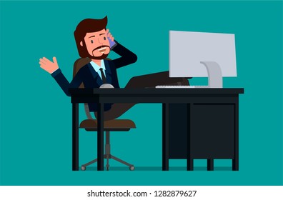 Businessman talking on the phone with his feet on the desktop. Flat character vector illustration.
