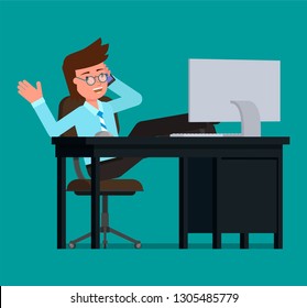 Businessman talking on the phone with his feet on the desktop. Flat character vector illustration.